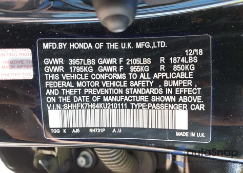 2019 Honda Civic Ex из США, поврежденный, VIN SHHFK7H64KU210111